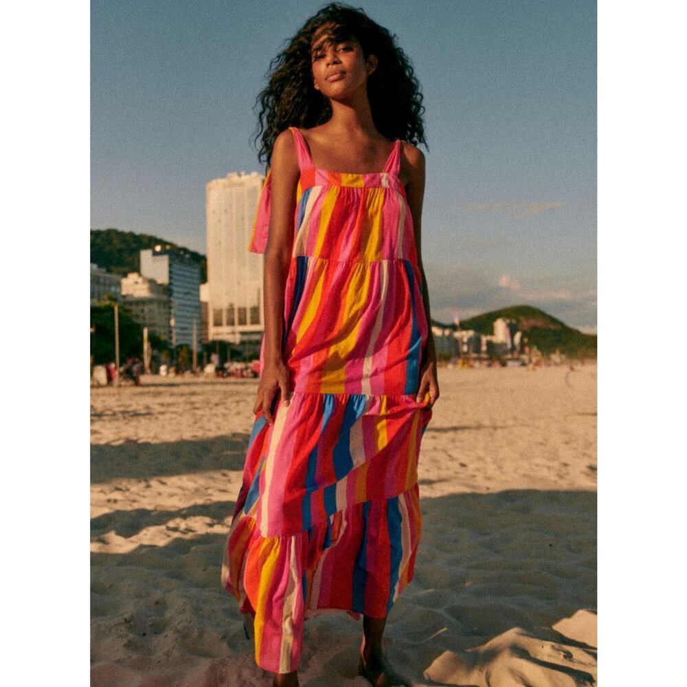 Sezane x Farm Rio Women's Multi Striped Mara Maxi Dress Sleeveless Size 8 NWT